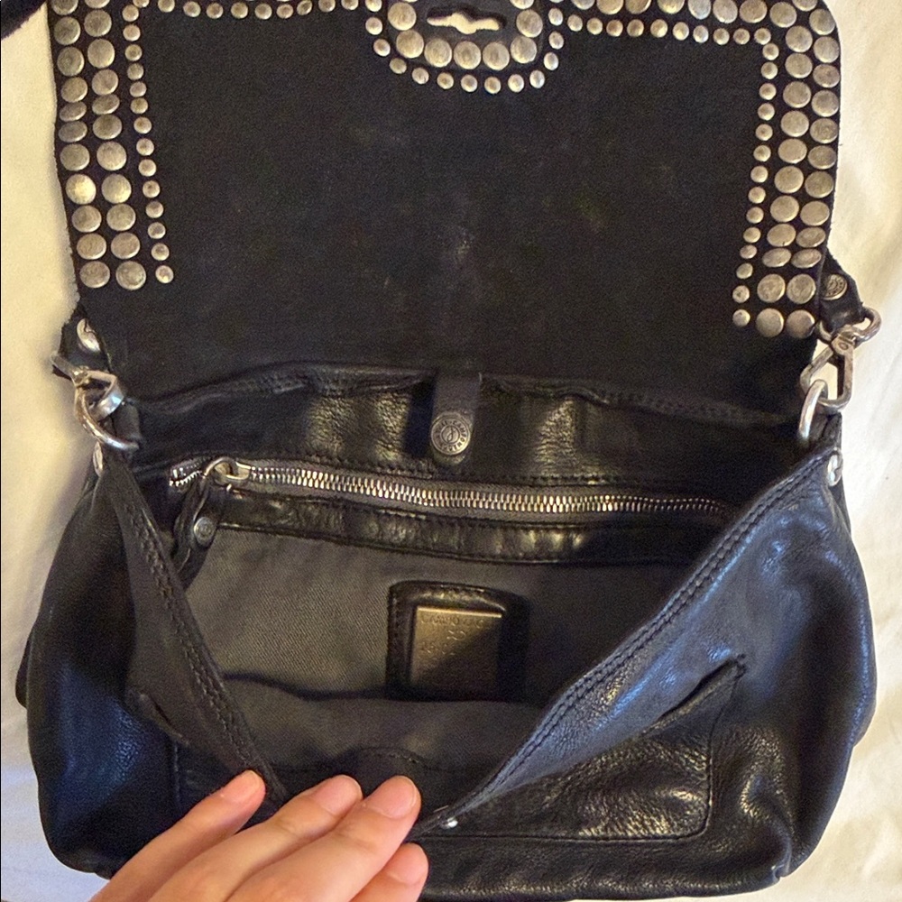 Campomaggi Black Leather Crossbody Bag with Silver Studs and Turnlock - Picture 5 of 12